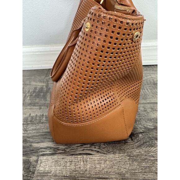 Authentic Tory Burch Robinson Perforated Tote Double Zip Satchel Brown No Strap - Picture 5 of 16